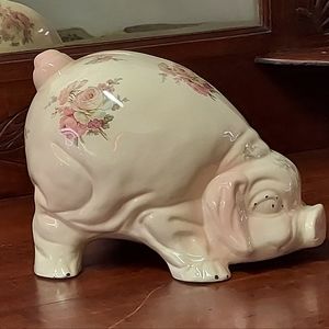 Staffordshire Piggy Bank Pink Floral Very Big Vintage EUC